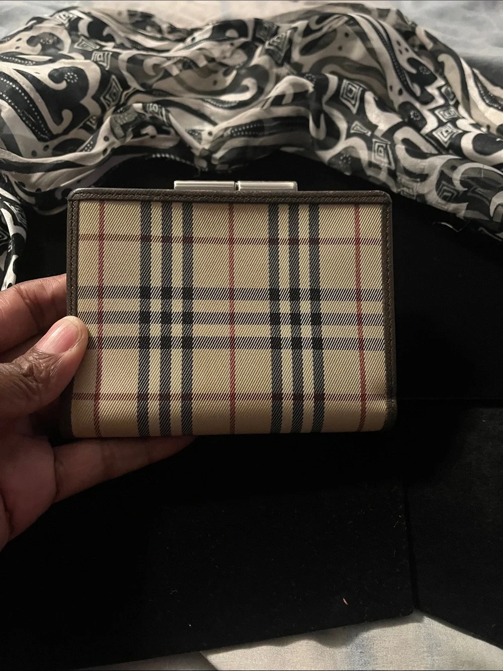 Burberry Nova Check Canvas Leather Trim Kisslock Bifold Wallet